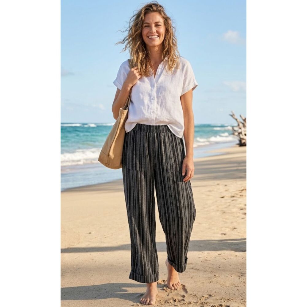 Time and Tru Linen Blend Smock Waist Striped Wide-Leg Pants Women's Size Medium